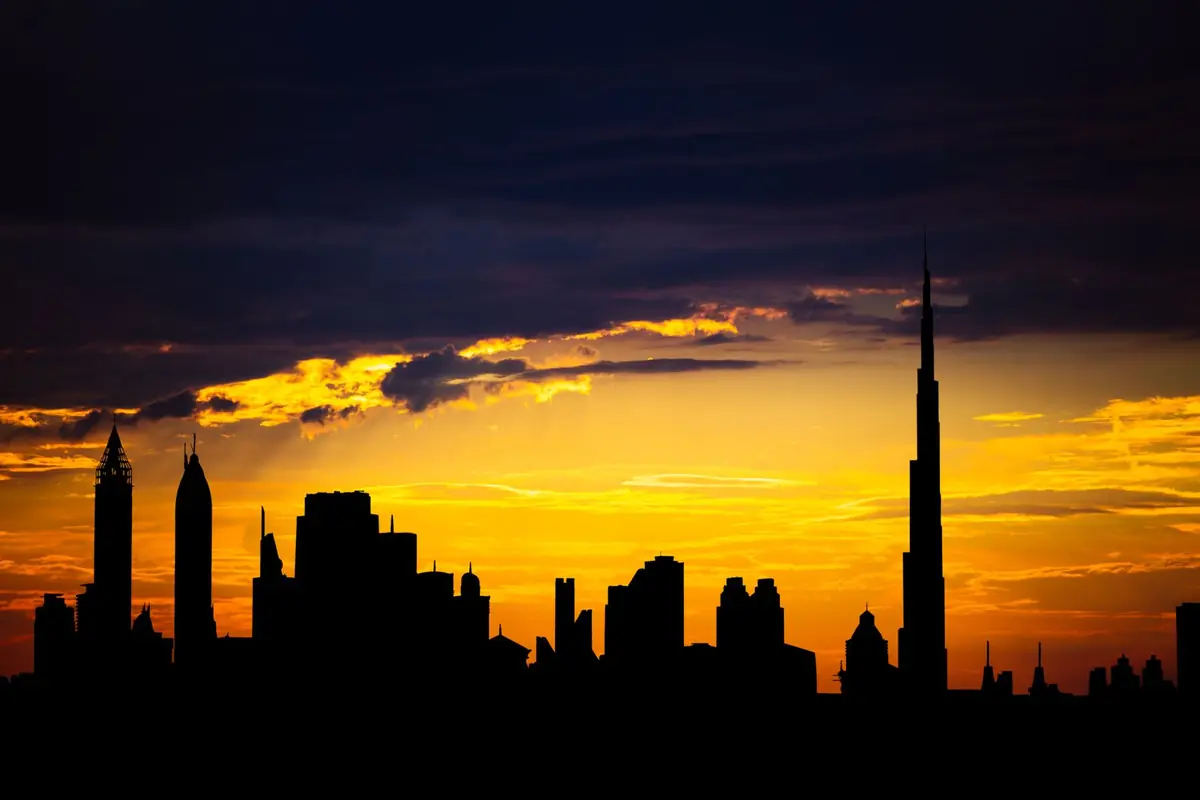 The Dubai skyline at sunset