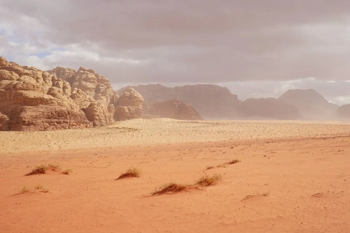 Red desert cliffs in Wadi Rum