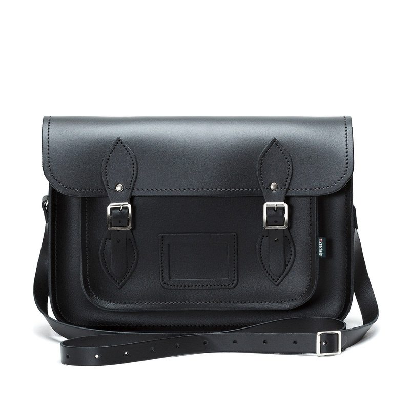 Black leather madrasah satchel with adjustable shoulder strap