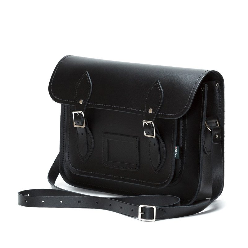 Black leather madrasah satchel, side angle showing depth