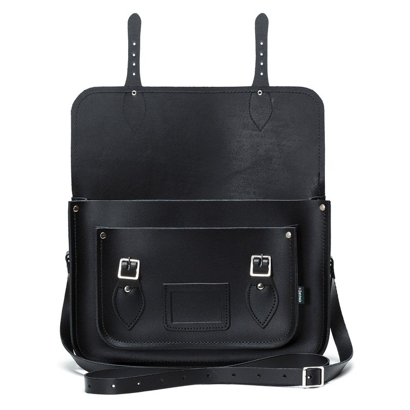 Black leather madrasah satchel with the flap open