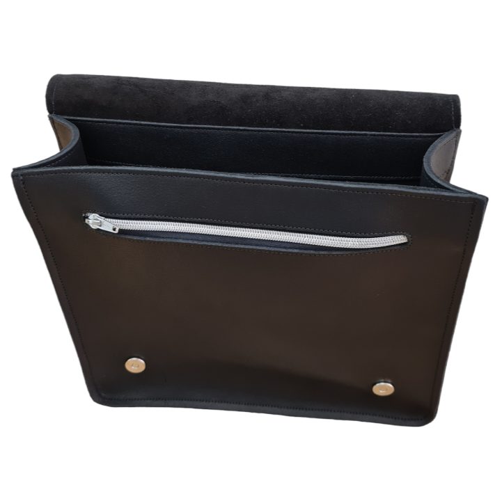 Handmade black leather madrasah bag (madrasa bag), flap open, showing the inside