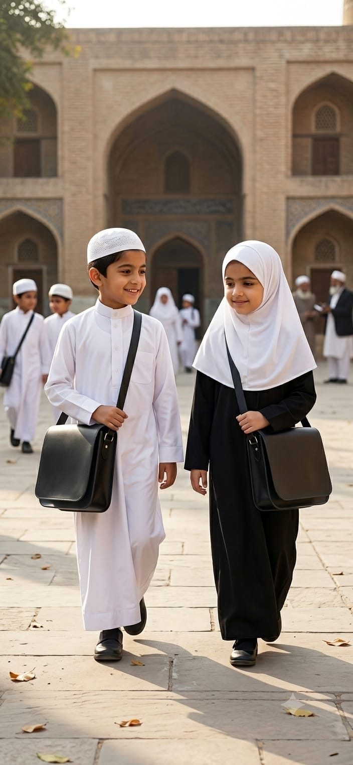 Two children in Islamic dress walking to madrasah past a mosque courtyard, each carrying a black leather madrasah bag (madrasa bag) on a shoulder strap