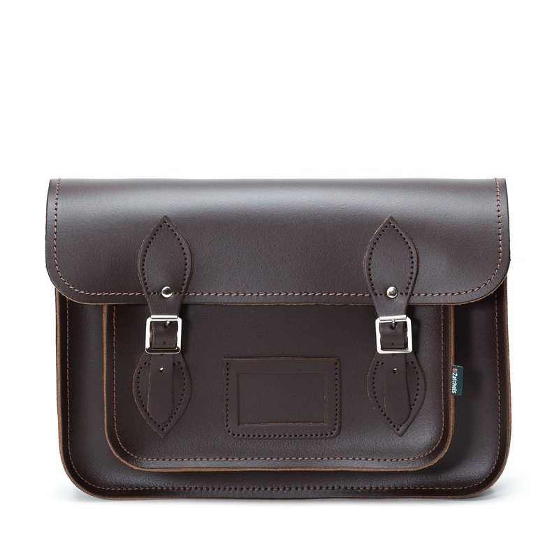 Dark brown leather madrasah satchel, front view