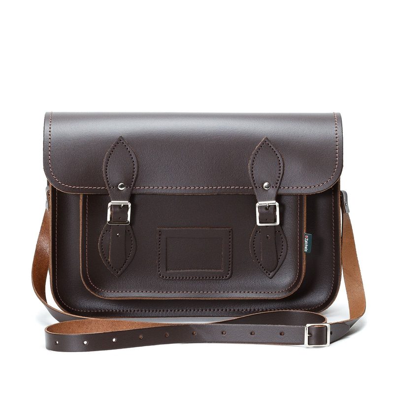 Dark brown leather madrasah satchel with adjustable shoulder strap