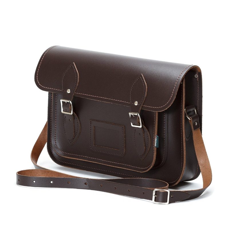 Dark brown leather madrasah satchel, side angle showing depth
