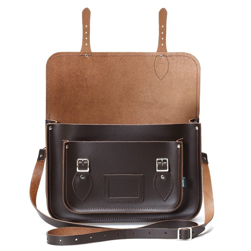 Dark brown leather madrasah satchel with the flap open