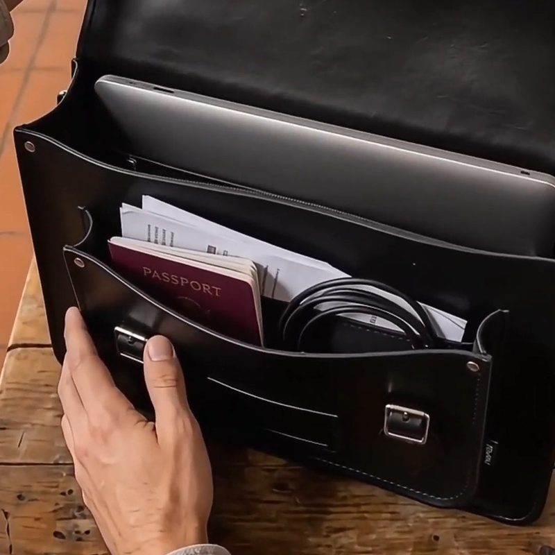 Inside the leather madrasah satchel, showing the main compartment