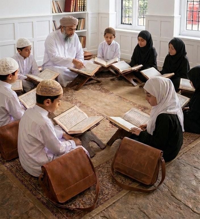 Children and their teacher sitting in a Quran circle reading from Qurans on rehals, with tan leather madrasah bags (madrasa bags) set down beside them | Madrasah Bag Children and their teacher sitting in a Quran circle reading from Qurans on rehals, with tan leather madrasah bags (madrasa bags) set down beside them