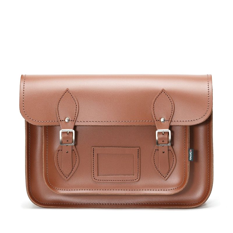 Tan leather madrasah satchel, front view