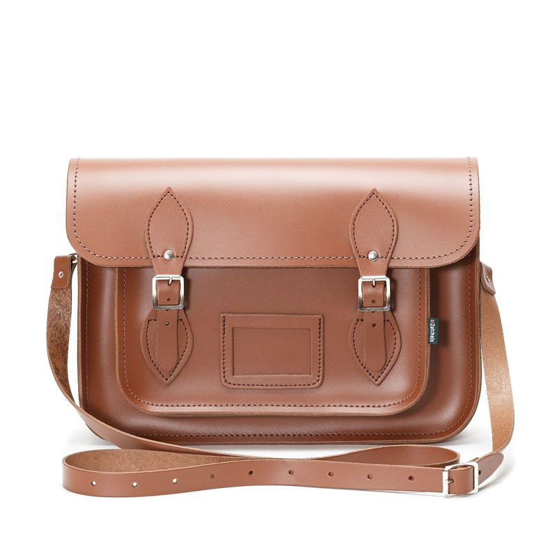Tan leather madrasah satchel with adjustable shoulder strap