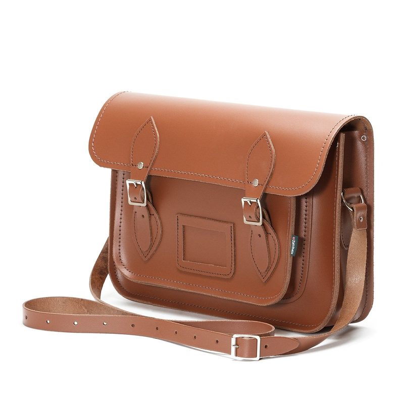 Tan leather madrasah satchel, side angle showing depth