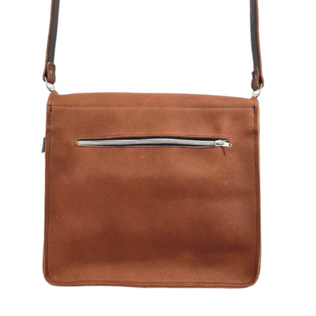Handmade tan leather madrasah bag (madrasa bag), back view
