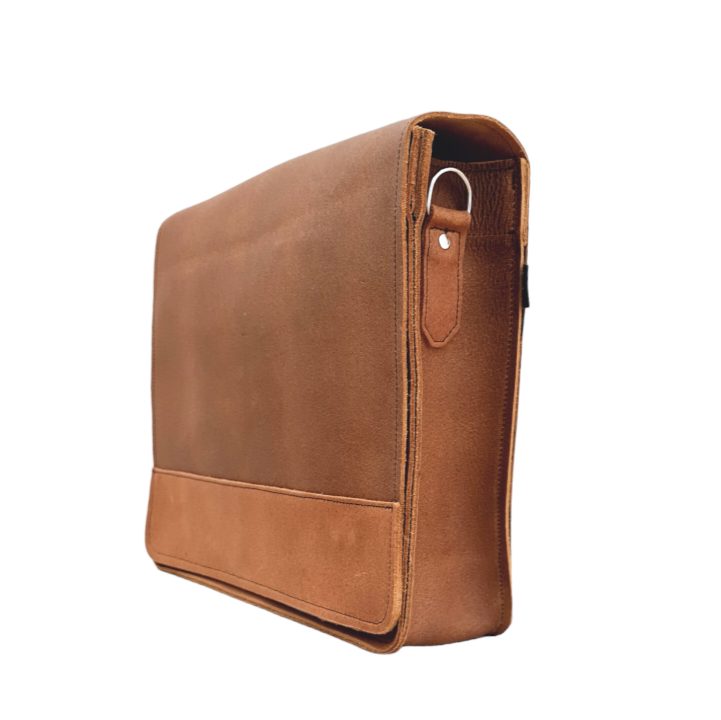 Handmade tan leather madrasah bag (madrasa bag), side view