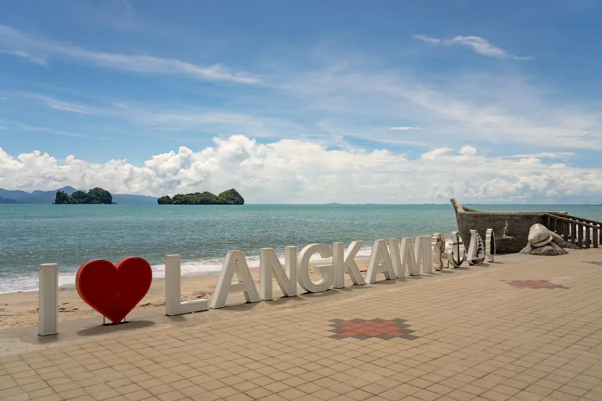 The Langkawi beachfront sign on a sunny day
