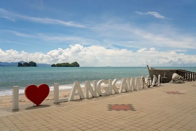 The Langkawi beachfront sign on a sunny day