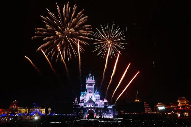 Fireworks bursting above a lit-up castle at night
