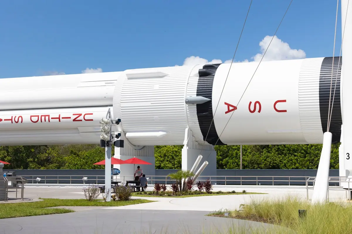 A giant Saturn V rocket on display at the Kennedy Space Center