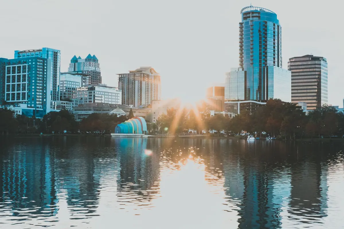 The Orlando skyline reflected in Lake Eola at sunrise
