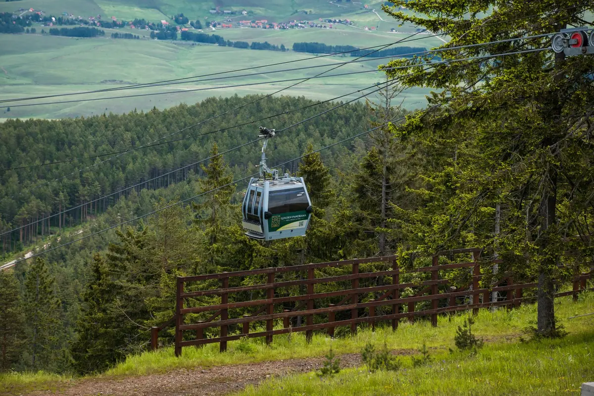 A cable car gondola above the pine forest at Zlatibor